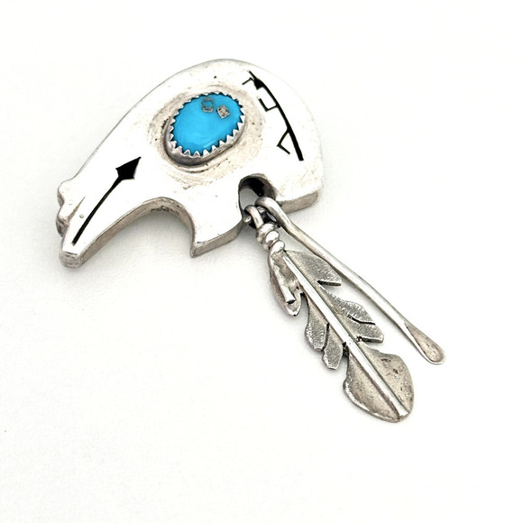 Vintage Samson Kee Native American 925 Sterling Silver Turquoise Bear Brooch Pin - Picture 3 of 11